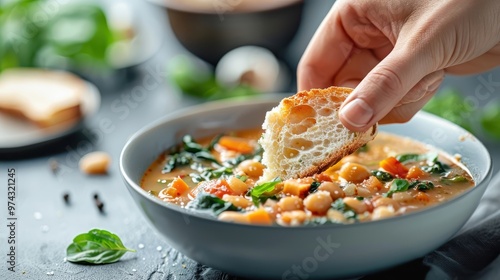 A hand dipping a crusty piece of bread into a bowl of minestrone soup.