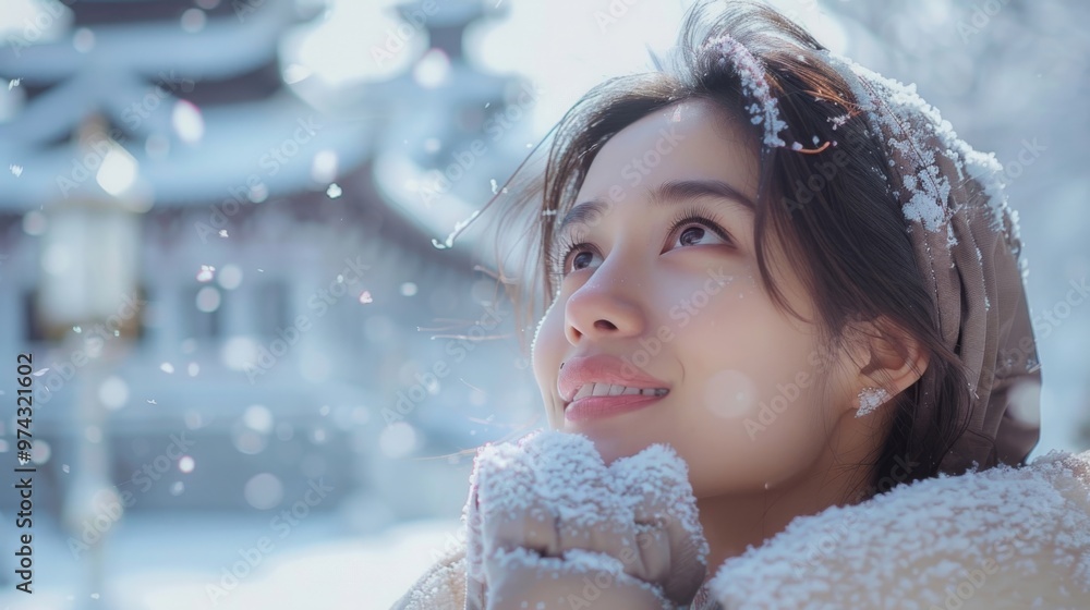 Joyful woman enjoying a snowy winter day, looking up at the falling snowflakes with a smile on her face. A moment of pure happiness. Joyful woman enjoying a snowy winter day, looking up at the falling snowflakes with a smile on her face. A moment of pure happiness.