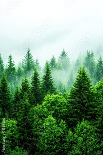 Lush evergreen landscape shrouded in mist, showcasing vibrant green trees rising towards a cloudy sky.