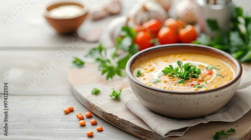 A rustic ceramic bowl filled with thick, hearty lentil soup.