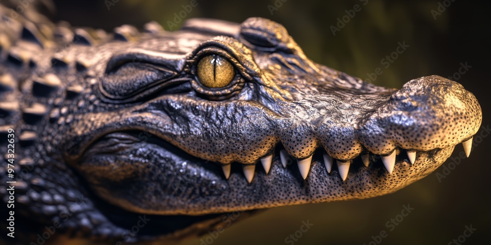 Highly detailed macro shot of a crocodile's head with a rugged texture and reflective eyes Highly detailed macro shot of a crocodile's head with a rugged texture and reflective eyes