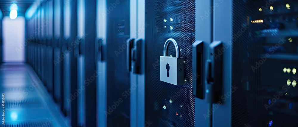 A row of computer servers with a lock on the door