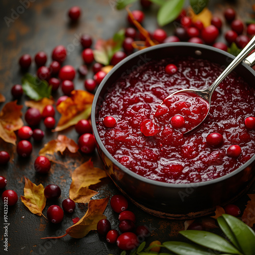 A hand stirs simmering cranberry sauce in an antique pot the vibrant red offering a stark contrast against a muted fall-themed kitchen setting photo