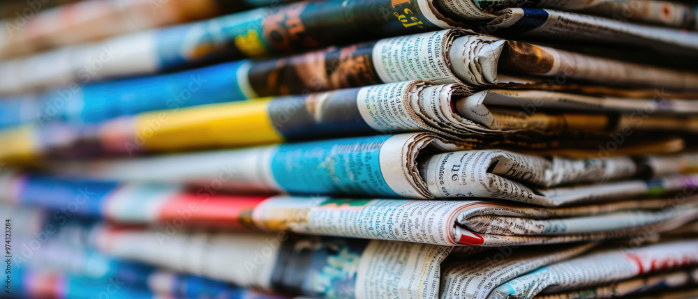 A stack of newspapers with a variety of colors and designs A stack of newspapers with a variety of colors and designs