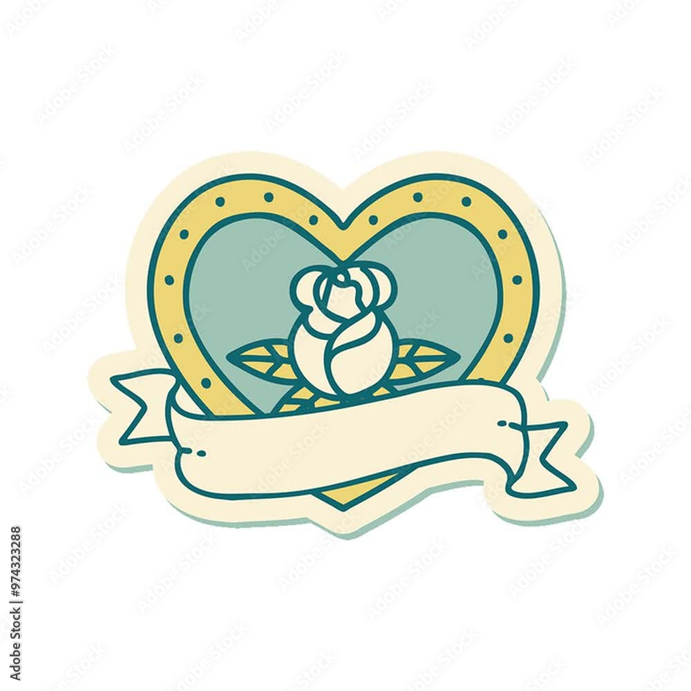 sticker of tattoo in traditional style of a heart rose and banner sticker of tattoo in traditional style of a heart rose and banner