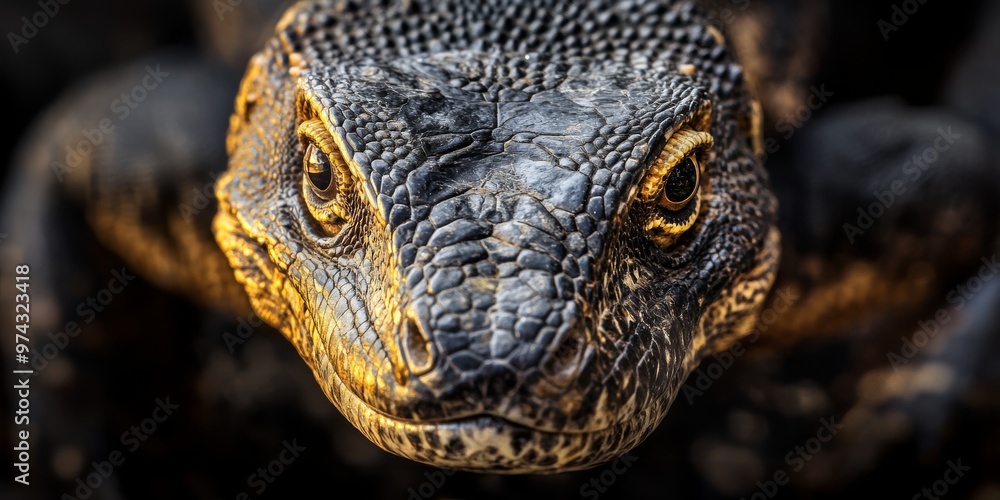 Obraz premium Macro shot of a monitor lizard with sharp details of scales and deep black eyes in a focused reptilian portrait