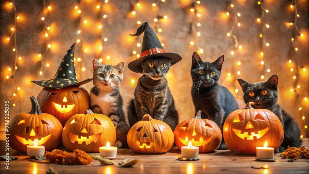 Naklejka premium • Playful black and orange Halloween party vibes captured through colorful photographs of cats wearing witch hats and playing with glowing jack-o-lanterns