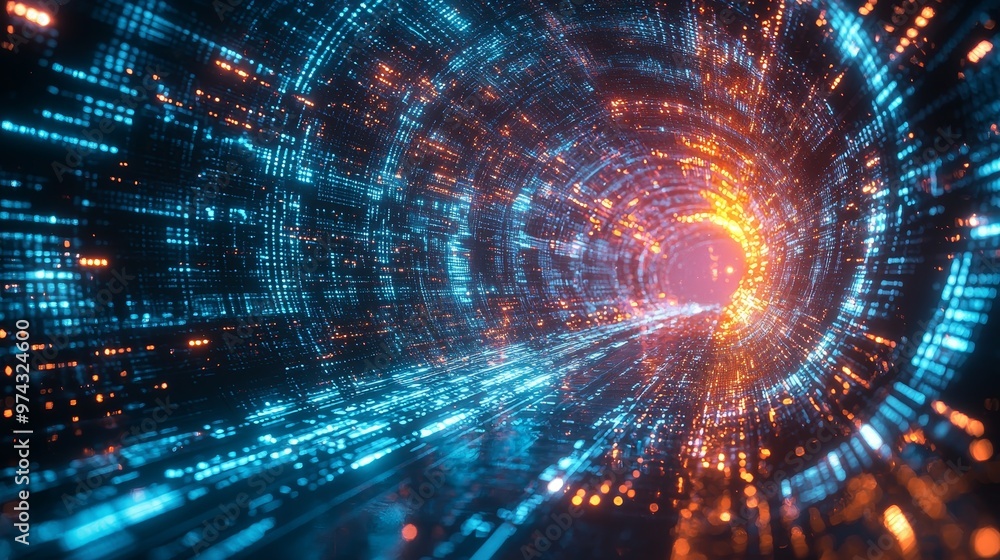Futuristic Network Immersion: Vibrant Geometric Shapes in Algorithm-Driven Tunnel. Futuristic Network Immersion: Vibrant Geometric Shapes in Algorithm-Driven Tunnel.
