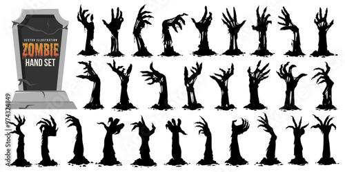 Set of creepy halloween zombie hand, spooky arm and horror monster bony hand silhouette sticking out from graveyard ground. Halloween evil, devil or ghost hand with blood for scary night background.