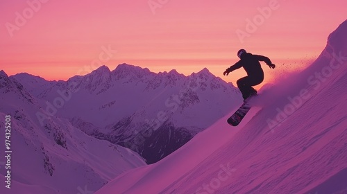 Fototapeta Naklejka Na Ścianę i Meble -  Snowboarder glides down a snowy mountain slope at sunset with vibrant pink and purple skies in the background of majestic peaks