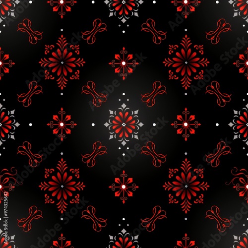 Red and white floral pattern on a black background.