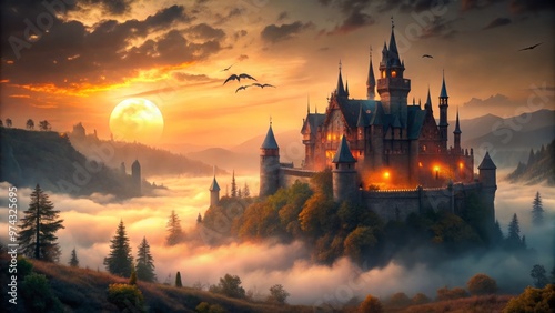 Gothic castle halloween scene with mist and fog at sunset