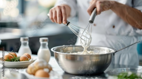 Chef whisking crème fraîche in a stainless steel bowl.