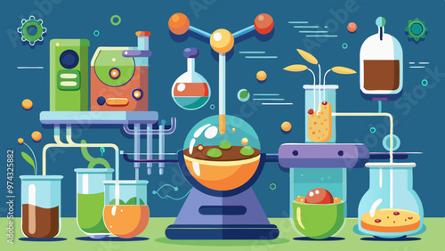 A colorful illustration of a lab with various scientific equipment and glassware