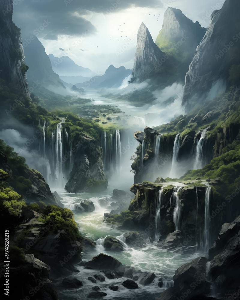 Fototapeta premium Waterfall amidst the valley natural atmosphere