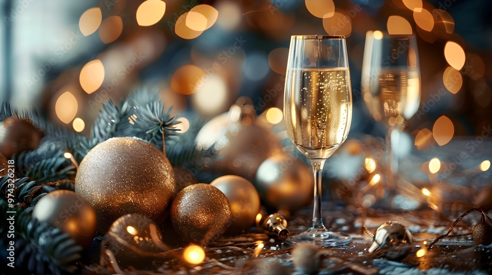 Elegant New Year with Champagne Glasses and Festive Elegant New Year with Champagne Glasses and Festive