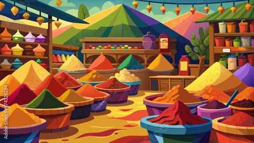 A colorful market scene with many different spices and herbs