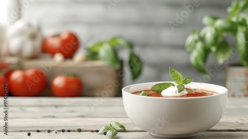 Tomato soup in a rustic bowl, garnished with basil leaves and a dollop of cream.