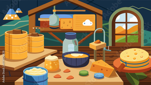 A cartoonish drawing of a kitchen with a variety of food items on the counter