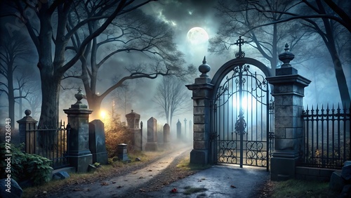 graveyard gates dark passageway eerie photo