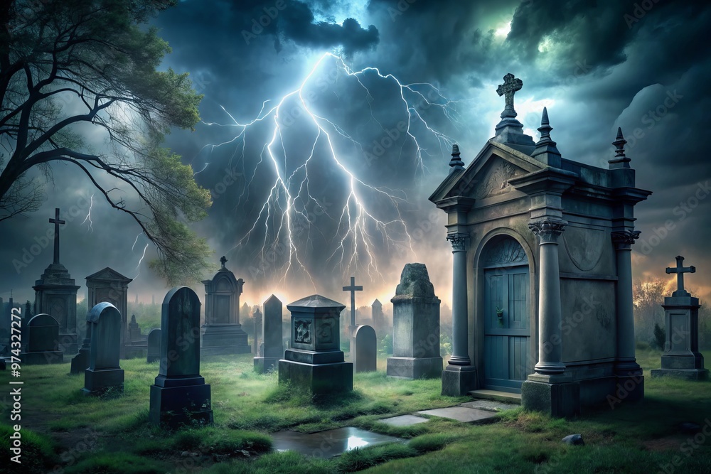 Graveyard scenes spooky old fashioned headstones weathered stone crumbling mausoleums mysterious foggy atmosphere eerie lightning stormy weather tombstones creepy shadows Graveyard scenes spooky old fashioned headstones weathered stone crumbling mausoleums mysterious foggy atmosphere eerie lightning stormy weather tombstones creepy shadows