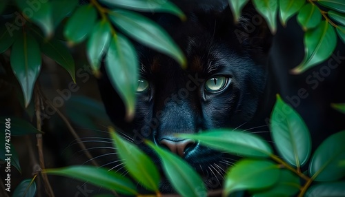 Dangerous black phanter, green leaves, green eyes, jungle, portrait, hyper realistic photo