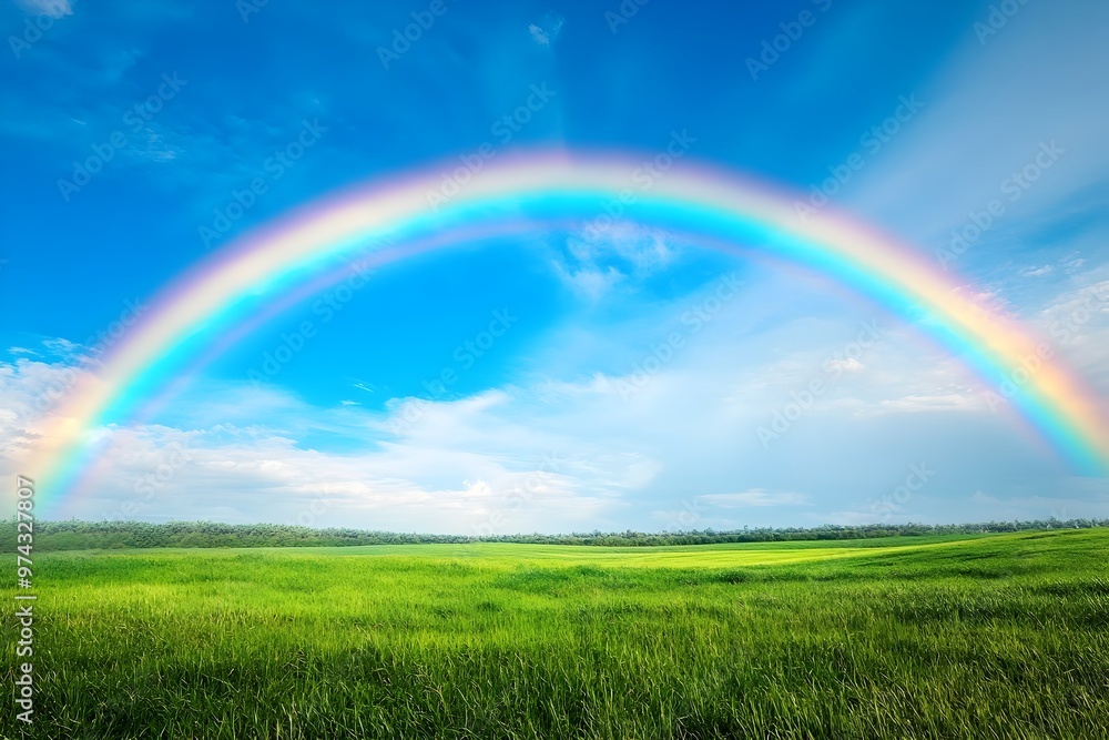 Obraz premium Majestic Rainbow Over Lush Green Meadow and Clear Blue Sky on Bright Sunny Day