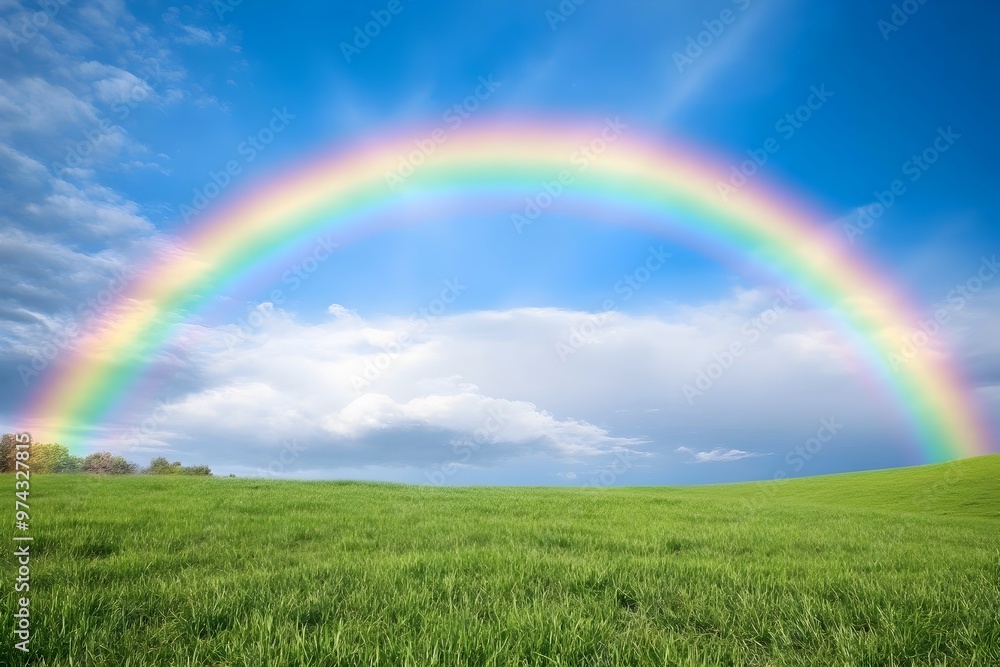 Stunning Rainbow Arch Over Lush Green Meadow with Clear Blue Sky Backdrop Stunning Rainbow Arch Over Lush Green Meadow with Clear Blue Sky Backdrop