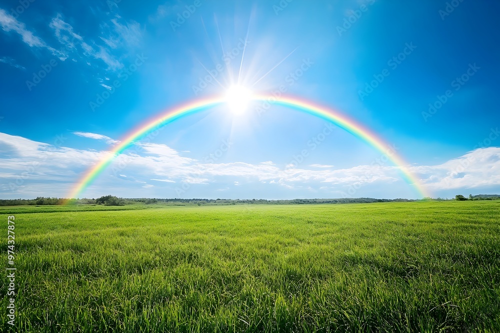 Stunning Rainbow Arch Over Lush Green Meadow and Clear Blue Sky Landscape Stunning Rainbow Arch Over Lush Green Meadow and Clear Blue Sky Landscape