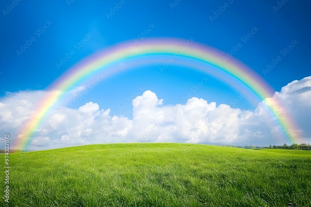 Stunning Rainbow over Lush Green Meadow and Bright Blue Sky with Fluffy Clouds Stunning Rainbow over Lush Green Meadow and Bright Blue Sky with Fluffy Clouds
