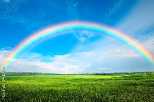 Majestic Rainbow Over Lush Green Meadow and Clear Blue Sky on Bright Sunny Day