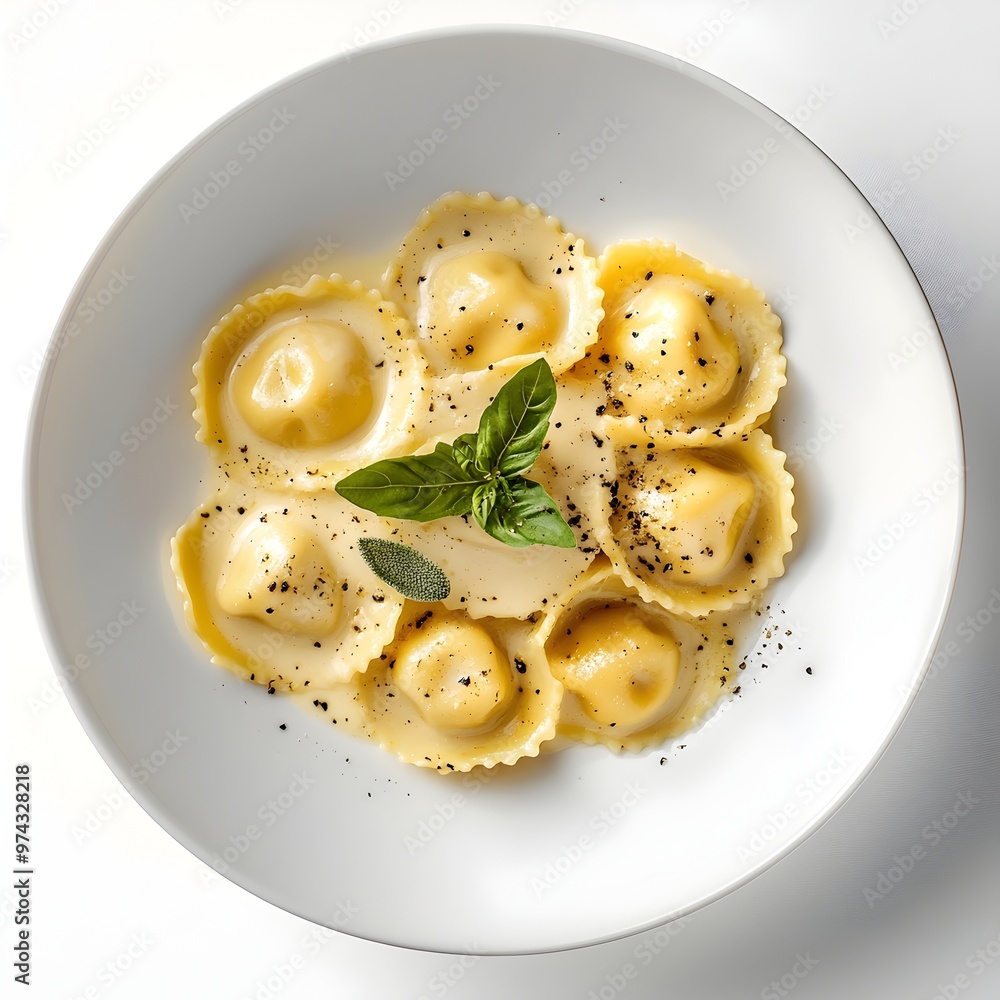 Elegantly Plated Ravioli in Creamy Sauce on Minimalist Backdrop Elegantly Plated Ravioli in Creamy Sauce on Minimalist Backdrop