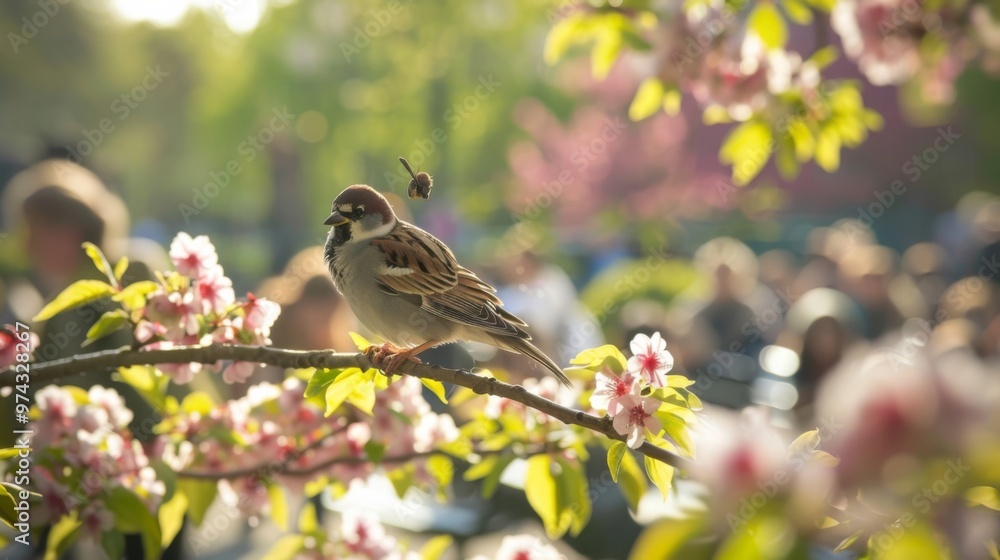 Obraz premium A Sparrow Sits on a Branch Amid Beautiful Cherry Blossoms in a Lively Park Scene