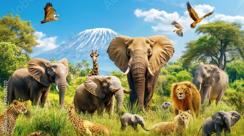 A diverse gathering of African wildlife near Mount Kilimanjaro during a sunny afternoon in the savannah photo