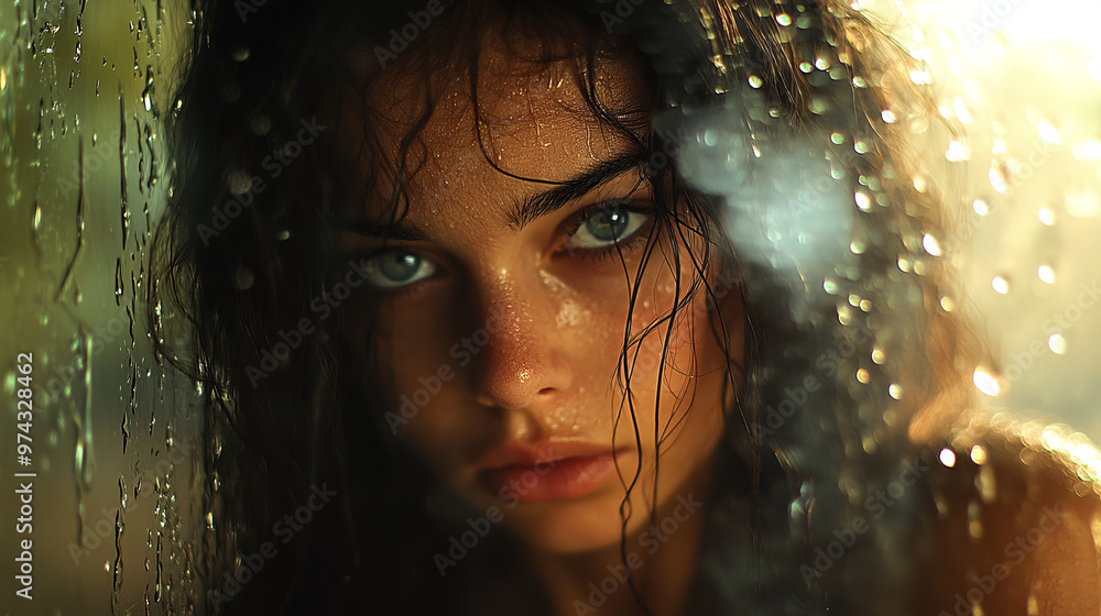 Water flows down the girl's face, her wet hair shimmers in the light, her gaze is piercing and determined, every drop adds drama to this portrait. Water flows down the girl's face, her wet hair shimmers in the light, her gaze is piercing and determined, every drop adds drama to this portrait.