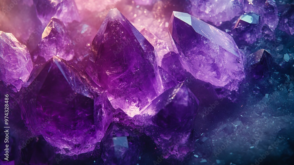 Vibrant amethyst crystals in a close-up, like a glittering purple galaxy. Vibrant amethyst crystals in a close-up, like a glittering purple galaxy.