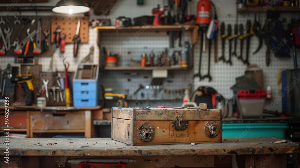 Rustic wooden toolbox on a workbench in a cluttered workshop filled with tools and equipment Rustic wooden toolbox on a workbench in a cluttered workshop filled with tools and equipment