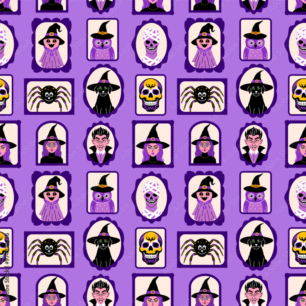 Seamless pattern with cute characters in simple style. Halloween theme. Seamless pattern with cute characters in simple style. Halloween theme.