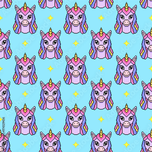 Seamless pattern with unicotns in pixel art style. photo