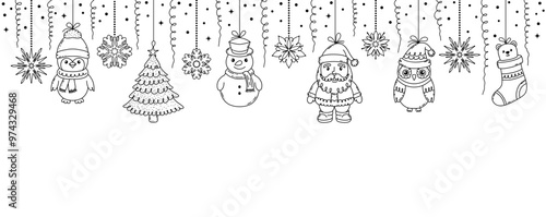 Christmas garland with doodle style toys on white background.