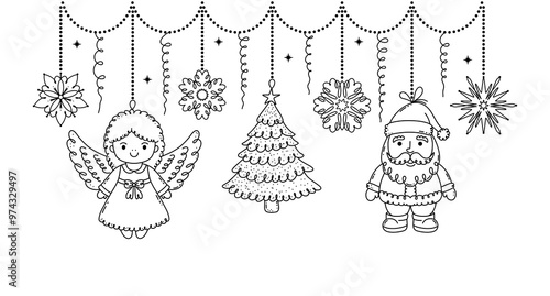 Christmas garland with doodle style toys on white background.