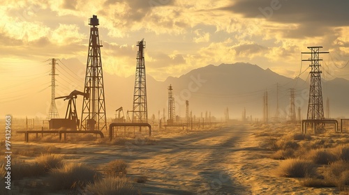 War triggers oil price spikes, leading to the idea of an oil price cap. Tall oil derricks stand in a desert oilfield, symbolizing crude oil extraction and petroleum production. photo