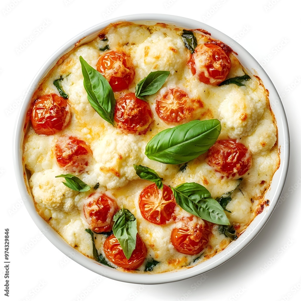 Decadent Cauliflower and Tomato Gratin with Melted Mozzarella on Minimalist Background Decadent Cauliflower and Tomato Gratin with Melted Mozzarella on Minimalist Background
