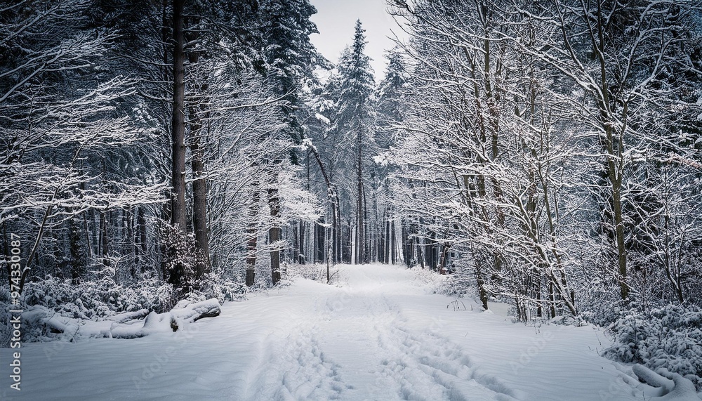 Snow-covered path leading through a forest Snow-covered path leading through a forest