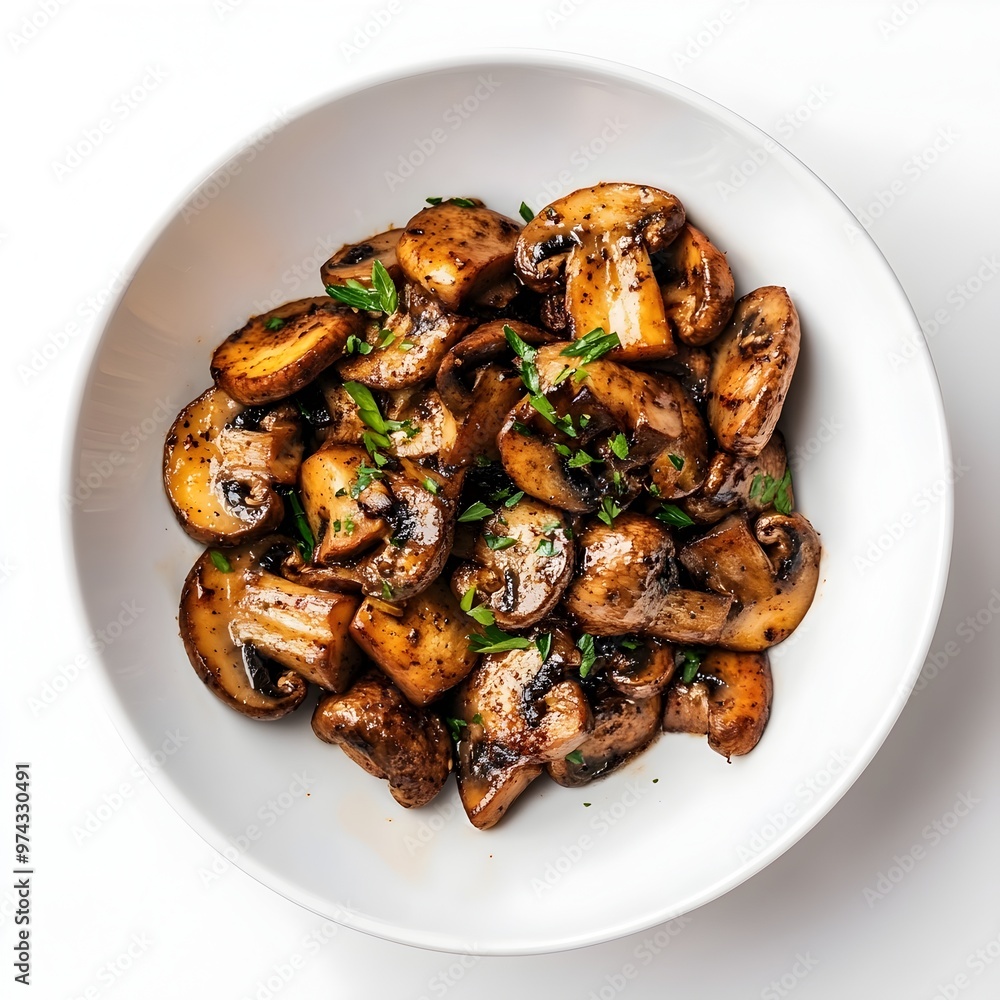 Sauted Mushrooms with Cajun Spices in Minimalist Plating on White Background Sauted Mushrooms with Cajun Spices in Minimalist Plating on White Background