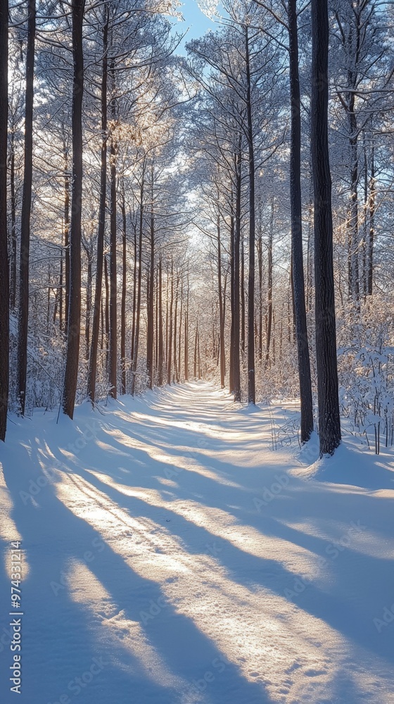 Serene Winter Wonderland: Snow-Covered Forest with Tall Trees and Blue Sky Serene Winter Wonderland: Snow-Covered Forest with Tall Trees and Blue Sky