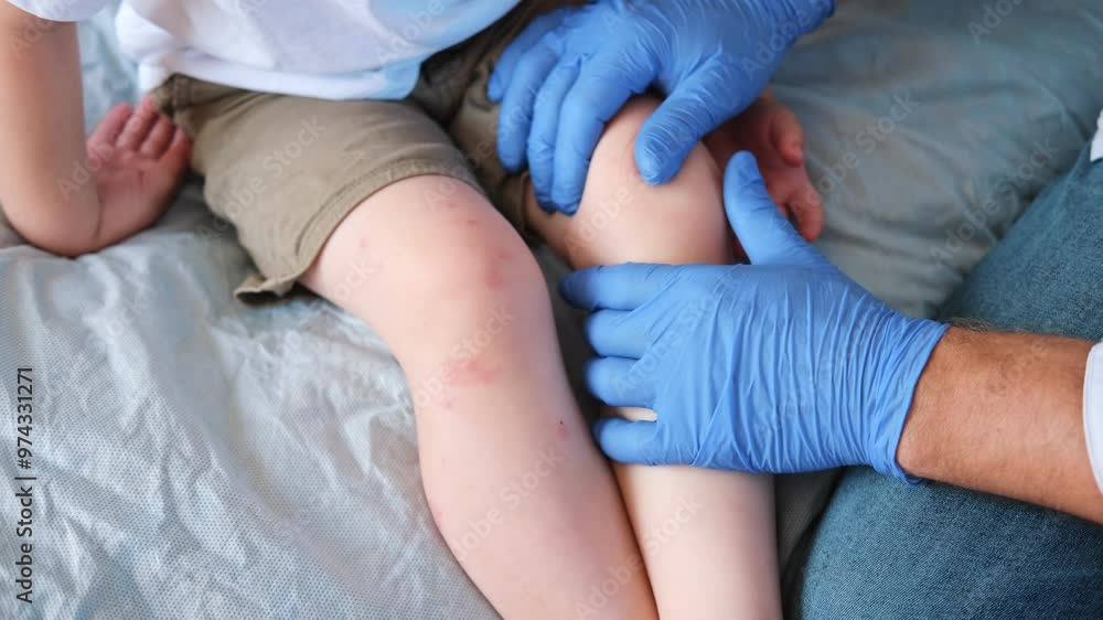 Doctor examining child with bodily red rash. Kid allergy closeup. Little baby scratches an eruption. Nurse applies special cream to atopic skin. Dermatitis, irritation, hive. Pruritus. Mosquito bites Doctor examining child with bodily red rash. Kid allergy closeup. Little baby scratches an eruption. Nurse applies special cream to atopic skin. Dermatitis, irritation, hive. Pruritus. Mosquito bites