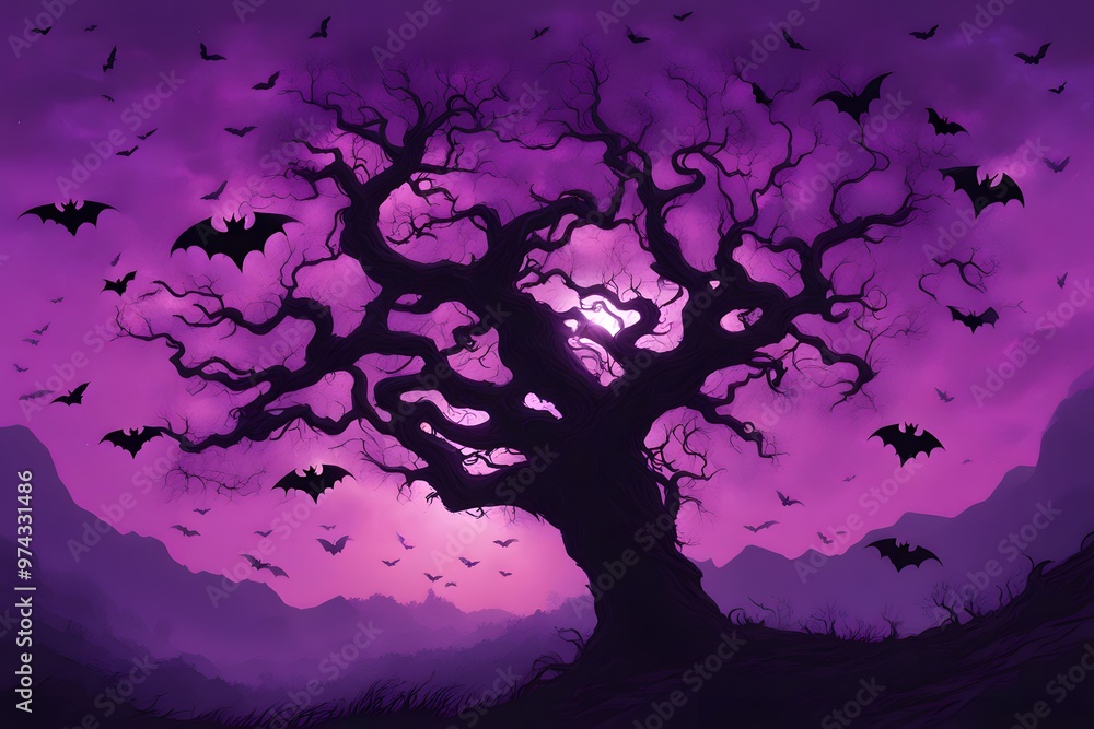 Fototapeta premium Gnarled tree silhouette imposing branches teeming with bats in mid flight backdrop of a luminous purple color, Ai Generated
