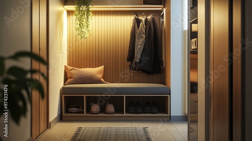 A multifunctional storage bench placed in a narrow hallway photo