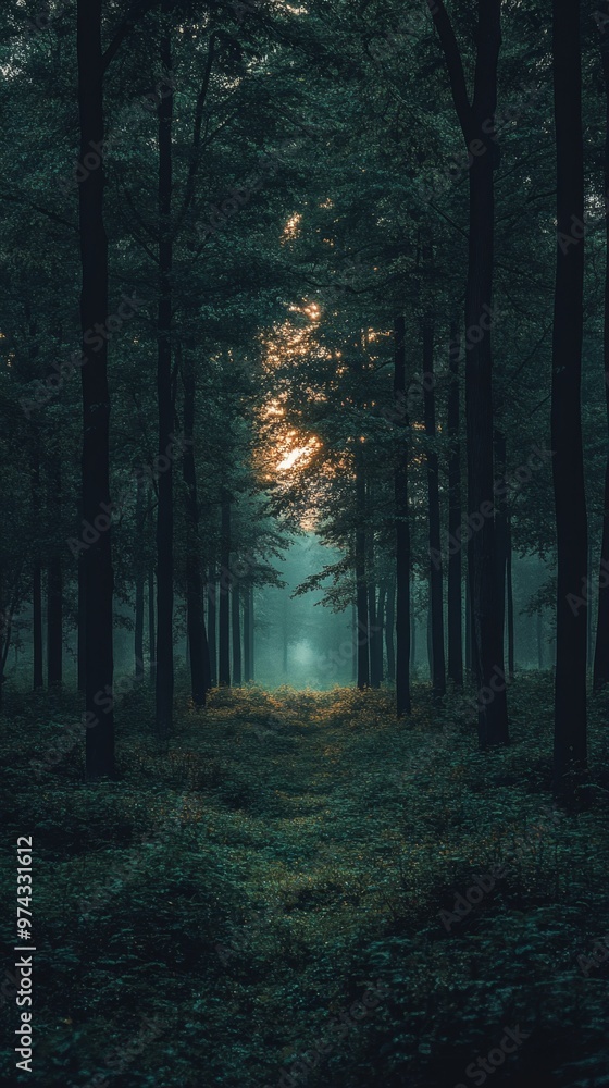 Fototapeta premium Enchanting Dusk in Moody Forest with Shadowy Silhouettes and Gentle Horizon Glow